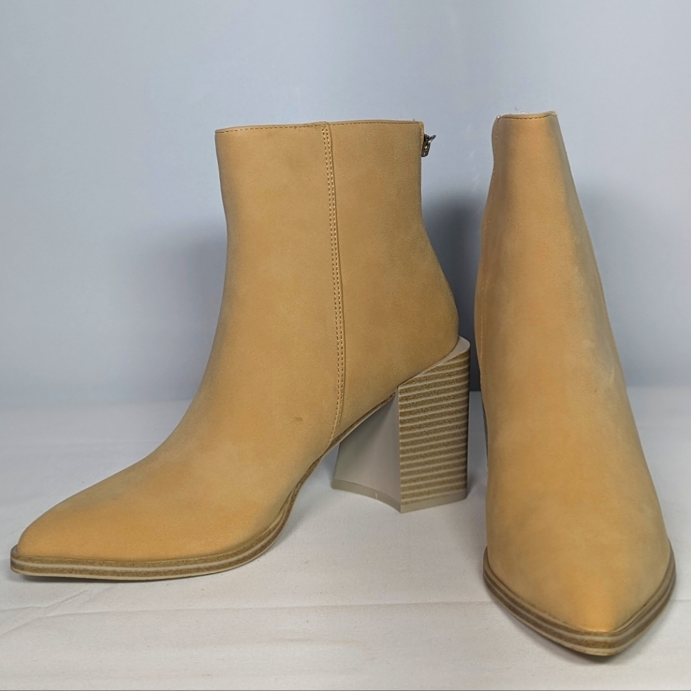 NEW Coutgo Women Chunky Block Pointy Toe Ankle Boots Back Zipper Sz 7.5 tan